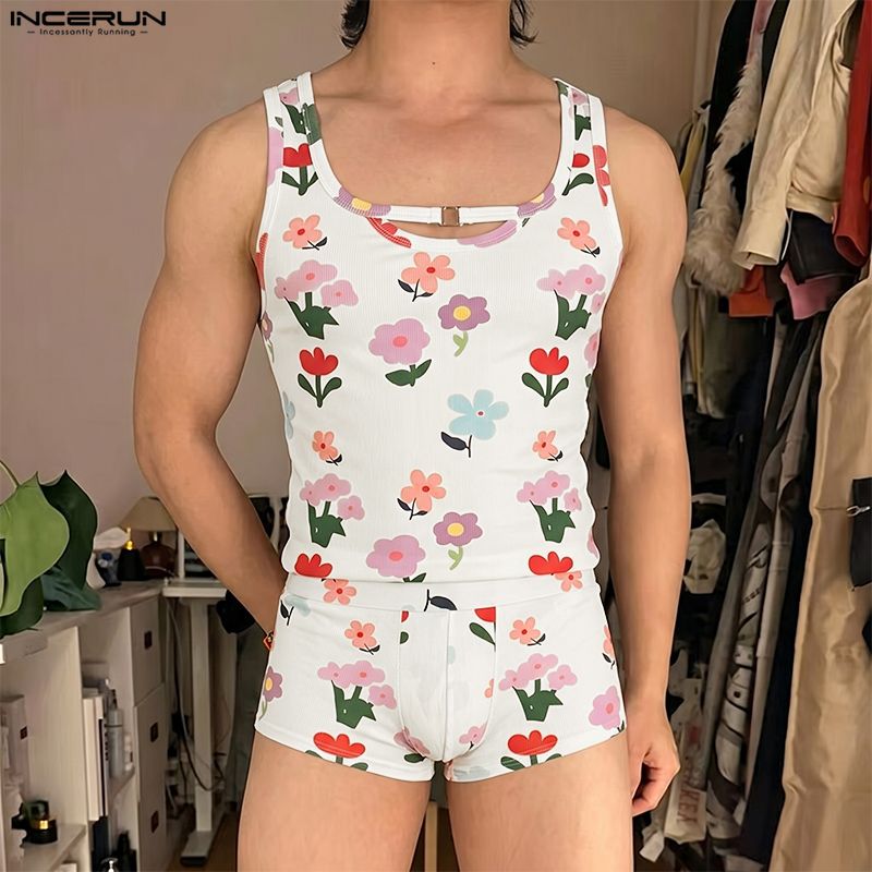 Summer Short Set - INCERUN Męskie Komplety z Kwiatowym Nadrukiem